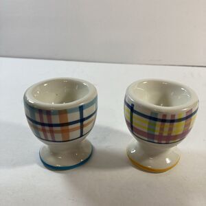 Sunshine & Main Set Of 2 Plaid Hand Painted Ceramic Egg Cups Easter Decor New